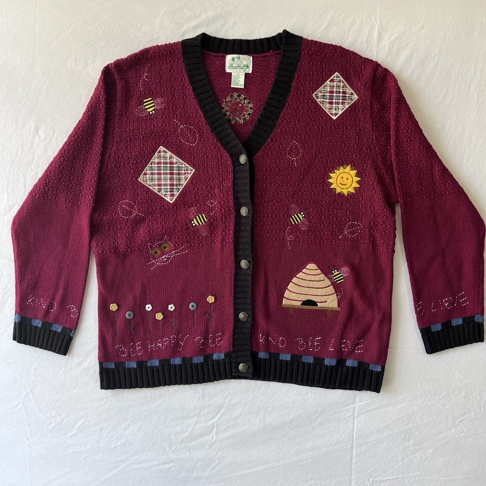 VTG Quacker Factory Bee Happy Bee Kind Teacher Cardigan Sweater Women's Plus 1X